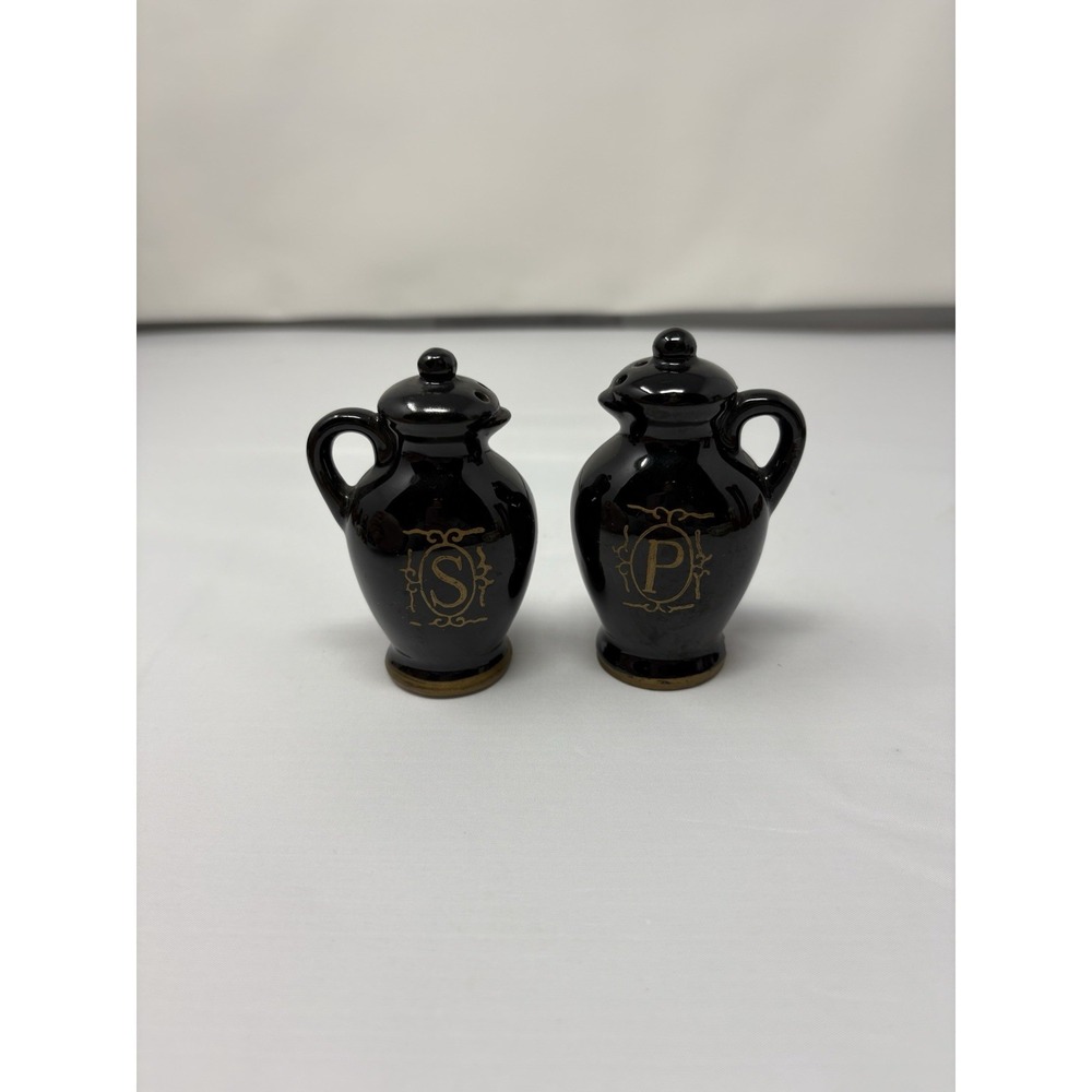 Vintage Redware Pottery Black Pitchers Salt and Pepper Shaker Set